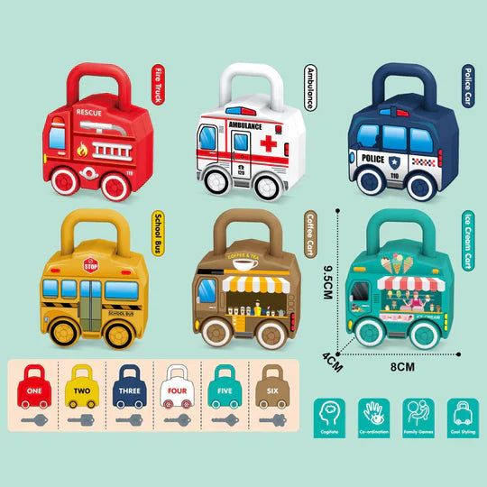 6Pcs Montessori Unlock Cars Push Toy With Keys